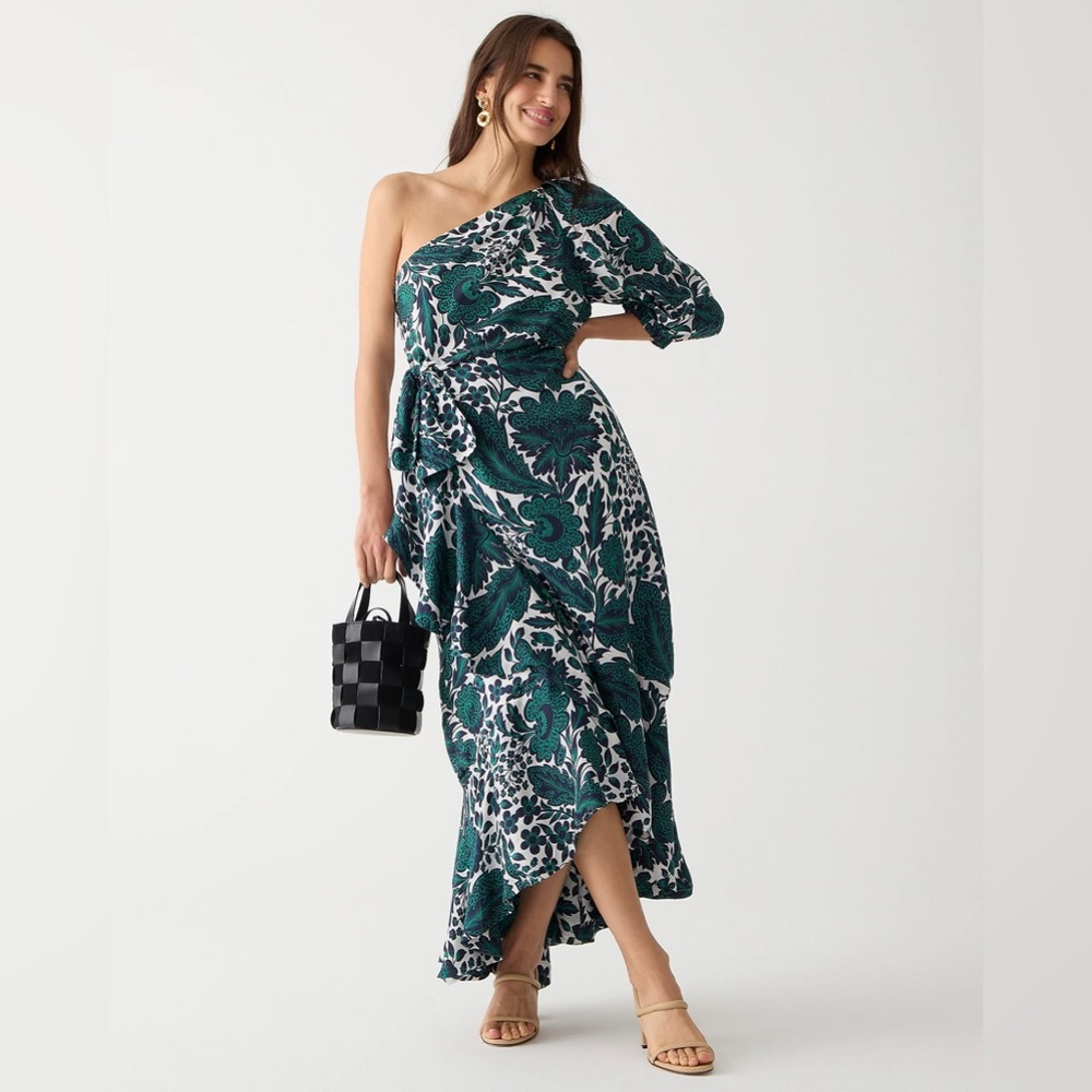 NWT J.Crew Collection one-shoulder ruffle-hem dress in emerald floral